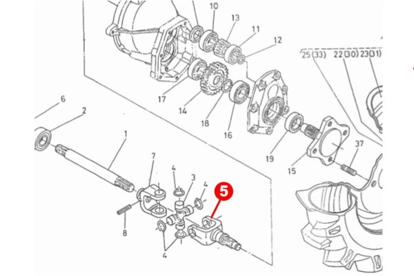 Gaffel / as voor kruiskoppeling (kort) 4WD Kubota B5000, B6000, B7000, - Afbeelding 2