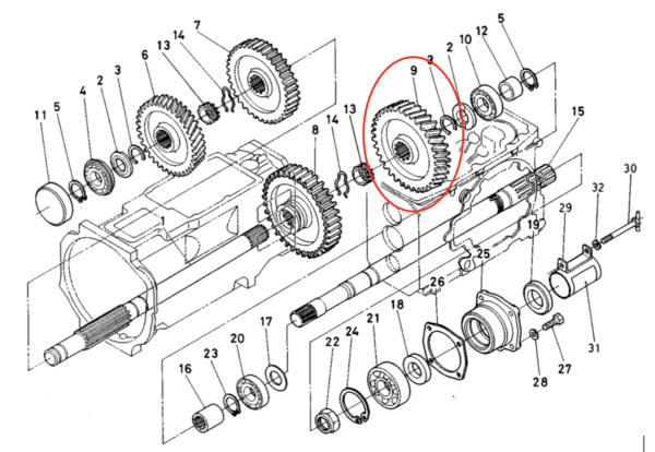 Tandwiel 1e versnelling 45T x 26 Splines Kubota L1501, L1801, L2201, L2203, Kioti / Daedong L2203, LK2554, - Afbeelding 3