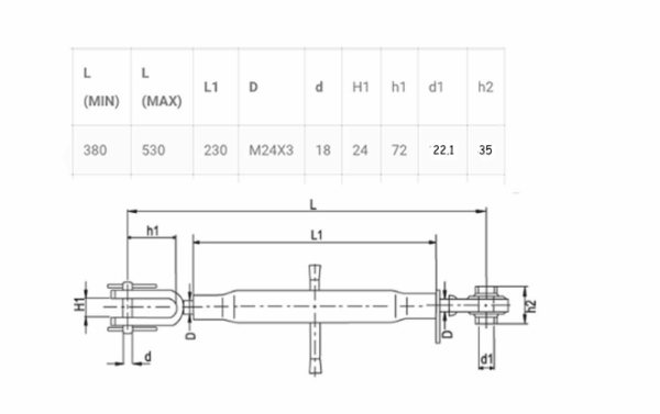Verstelbare hefstang 220mm, trekstangkogel 22mm - Afbeelding 2